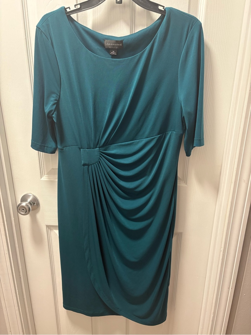 connected apparel teal ruched midi dress